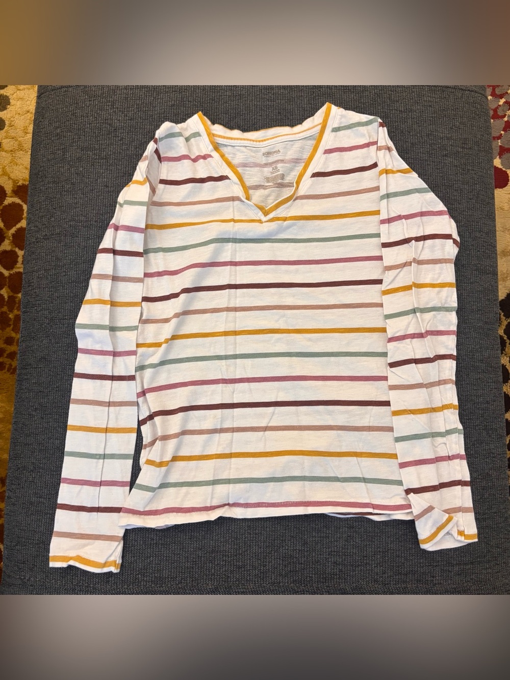 Sonoma Cream V-Neck Tee with Mustard Trim and Mauve Stripes